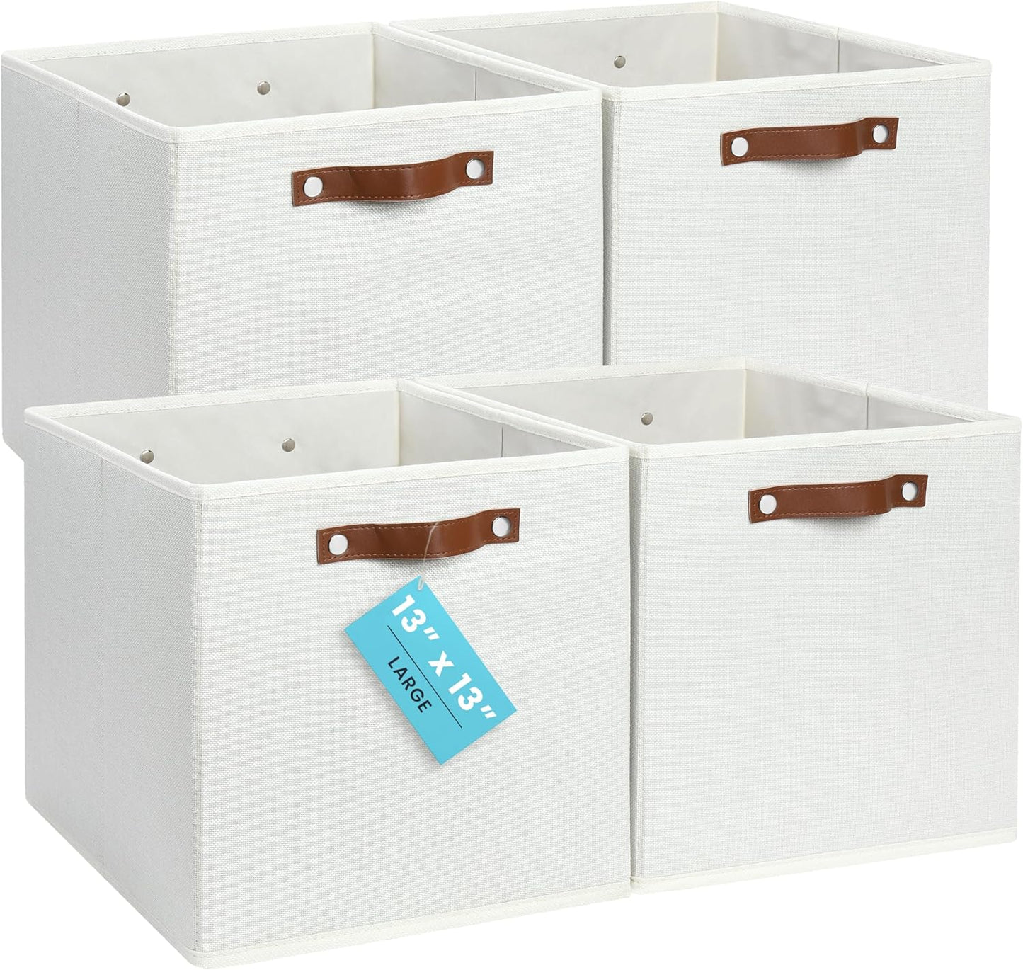 OrganiHaus 13x13 Cube Fabric Storage Bins Set of 4, Fabric Storage Cubes w/ Vegan Handles, 13 inch Collapsible Bins for Clothes & Toy Organizer, Cubbies Organizer, 13x13 Basket for Decor - White