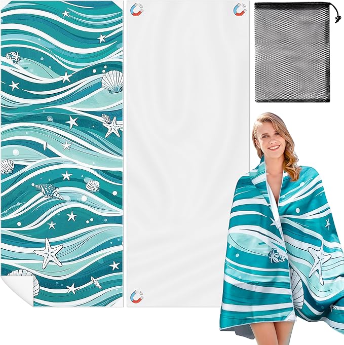 Wave Magnetic Beach Towel - 74.8"x30" Sand Free Quick Dry Microfiber Towel with Built-in Magnets Lightweight for Beach Chair Car Door Pool Travel Camping Yoga with Storage Bag