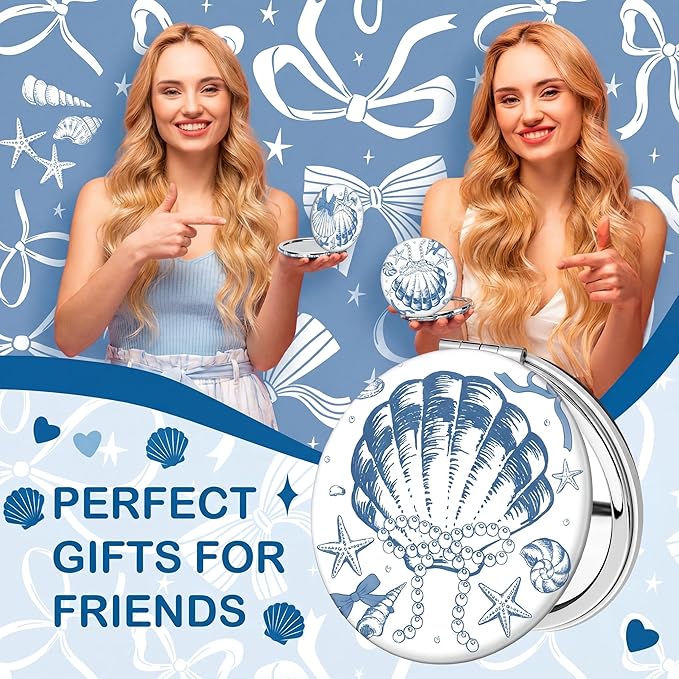Weysat 9 Pcs Seashell Bow Compact Mirrors Bulk Double Sided Magnifying Makeup Mirrors with PU Leather Case Blue and White Coastal Design Portable Pocket Mirror for Women Girl Beach Party Gifts