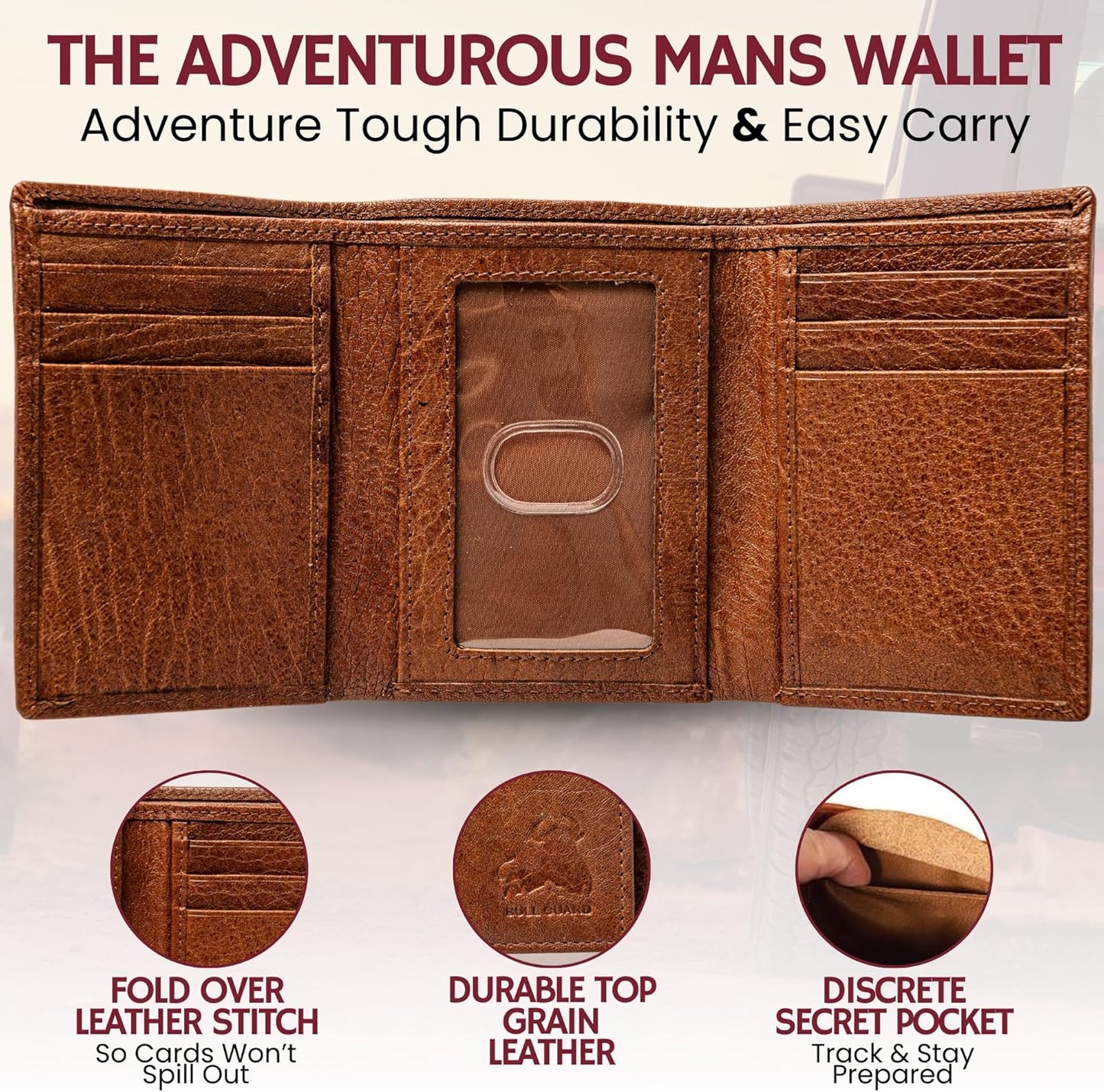 BULL GUARD Leather Trifold Wallets For Men with ID and RFID Blocking Great For Work, Sports, Outdoors