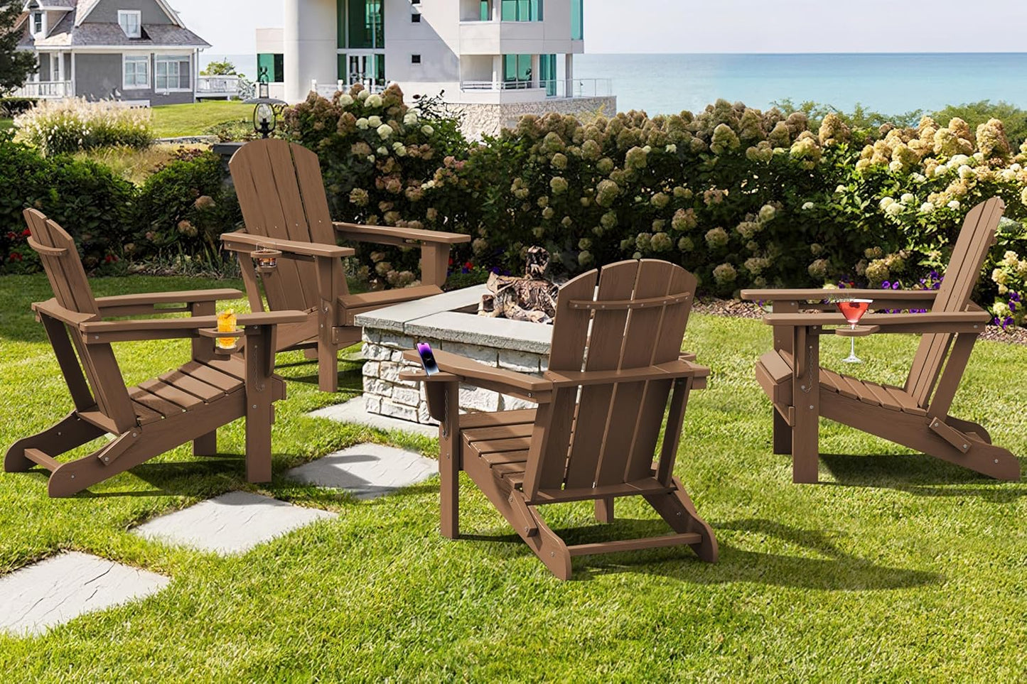 SERWALL Adirondack Chair with Cup Holders - Composite Adirondack Chairs Set of 8 HDPE Outdoor Chairs All Weather Use- Brown