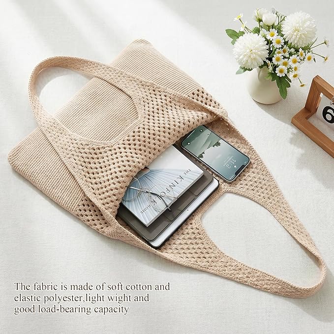 SUOSDEY Crochet Mesh Beach Tote Bag, Knit Summer Vacation Aesthetic Boho Tote Bag for Women