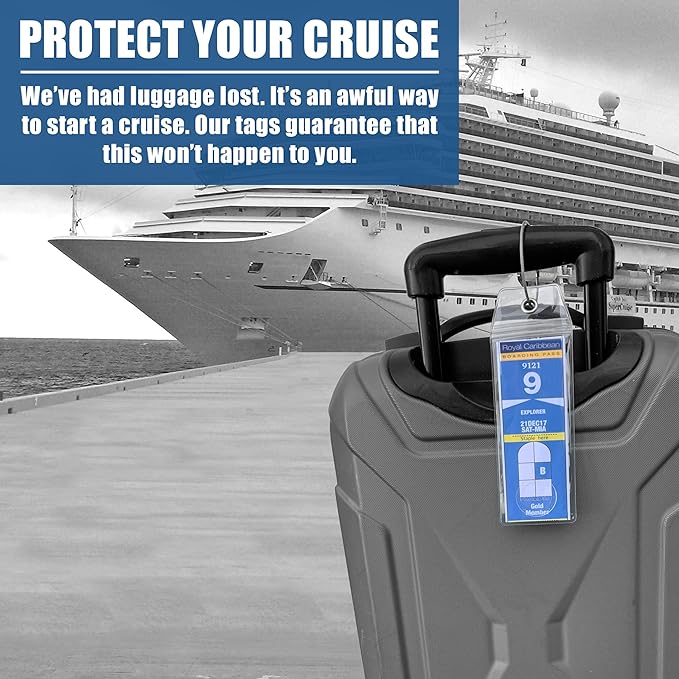 Cruise On Royal Caribbean Luggage Tag Holders (4 Pack) & Lanyards (2 Pack) – Large, Clear, Waterproof Cruise Essentials 2026-2027 – Secure Ship Tags & Cards (Royal & Navy Blue)