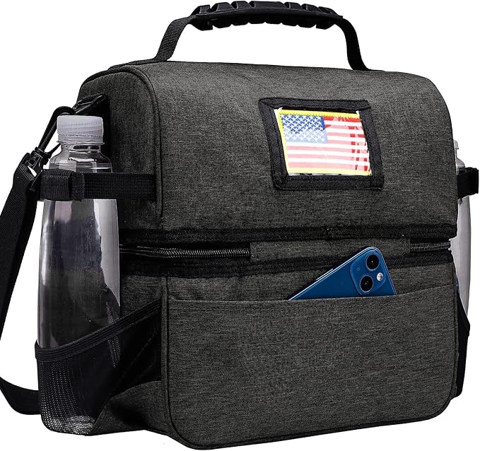 MIER Dual Compartment Lunch Bag Tote with Shoulder Strap for Men and Women Insulated Leakproof Cooler Bag, Dark Grey