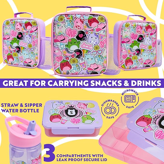 Get Trend Squishmallows Lunch Bag, Lunch Box, Water Bottle for Kids 3 Piece Set Bento Box, Insulated Snack Container, Meal Holder Gifts for Kids (Multi Squishmallows)