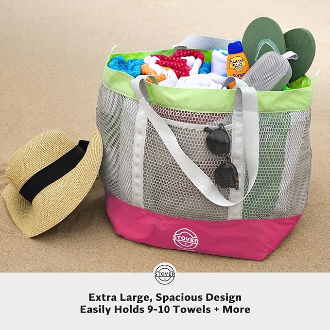 STOVER Extra Large Mesh Beach Bag, Vacation, Pool, Shopping & Travel Tote - Foldable w/Storage Pouch & Pockets for Women, Men
