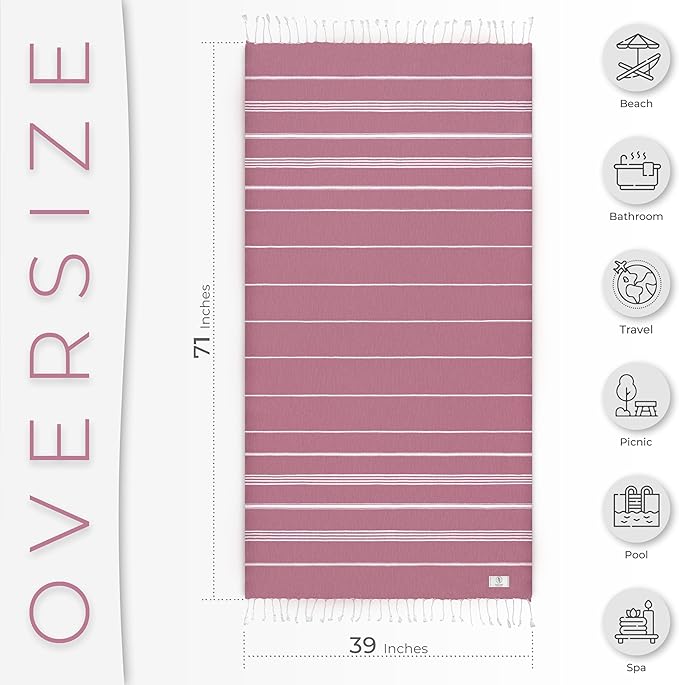 Turkish Beach Towel Soft & Drying Oversized (39" x 71") - Quick Dry, Versatile and Functional as Picnic, Travel and Beach Blanket, Yoga, Gym, Pool and Cruise Towels - Pink
