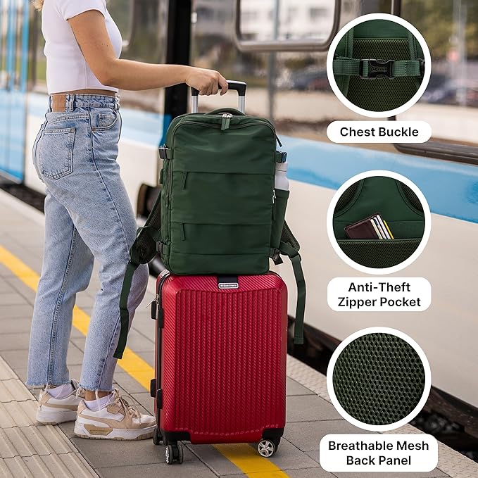 (Not Made In China) Travel Backpack For Men and Women, Airline Approved Carry On Bag w/Shoe Compartment, Holds 15.6" Laptop, USB Charging Port (Columbus, Green, 2 Pack)