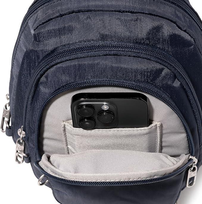 Baggallini Securtex® Anti-Theft Triple Zip Sling - Travel Backpack Sling Bag Crossbody - RFID Wallet Locking Zipper
