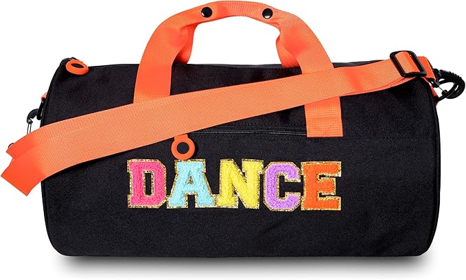 Girls Dance Duffle Bag with Chenille Patch,Cute 16.5" Ballet, Cheer, Gymnastics Class Bag for Kids, Toddler Girls,Teens,Large Capacity Overnight Travel Bag (Black)