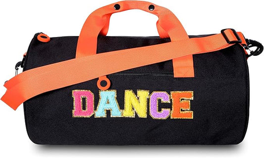 Girls Dance Duffle Bag with Chenille Patch,Cute 16.5" Ballet, Cheer, Gymnastics Class Bag for Kids, Toddler Girls,Teens,Large Capacity Overnight Travel Bag (Black)
