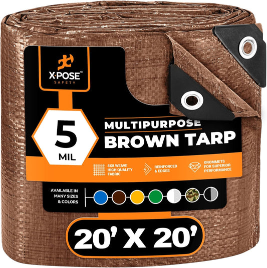Multipurpose Protective Cover Brown Poly Tarp 20' x 20' - Durable, Water Resistant, Weather Resistant - 5 Mil Thick Polyethylene - by Xpose Safety