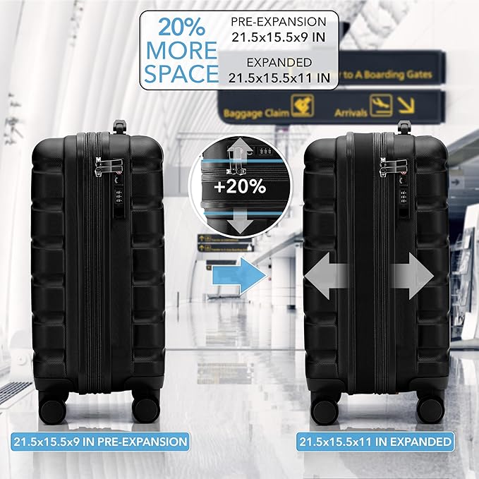 Flight Knight 21.5x15.5x9 Expandable Carry On Suitcase Hardside TSA Lock & USB C Port Lightweight Luggage Silent Double Spinner Wheels Maximum Canada Air Overhead Bag Airlines Approved Black