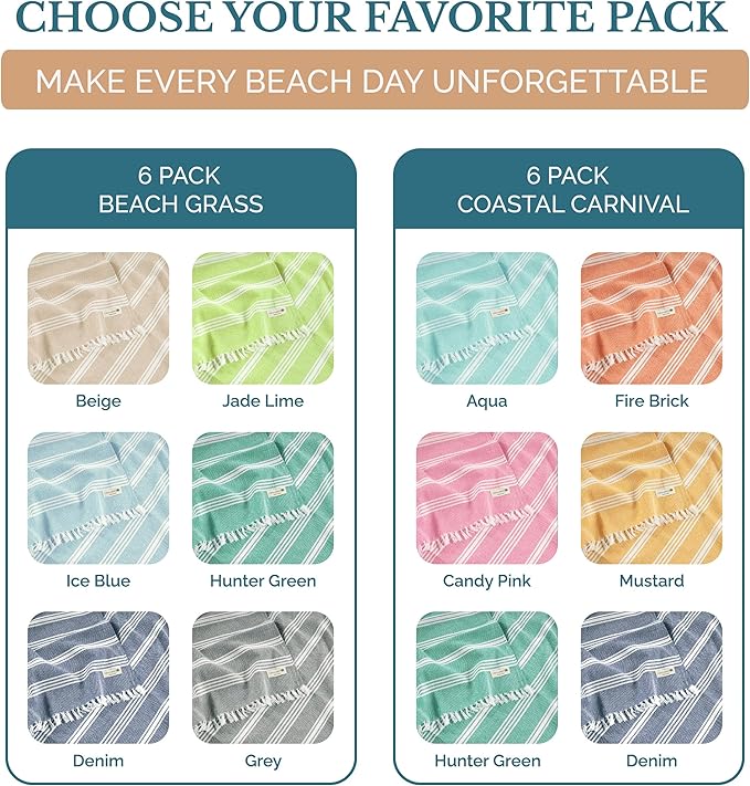 Casa Platino Turkish Beach Towels Set of 6, Lightweight and Soft Quick Dry Towels, Pre-Washed and Sand Free, Ideal for Travel, Summer Vacations, Family Trips, or Resort Pool Use – 39"x71" Beach Grass