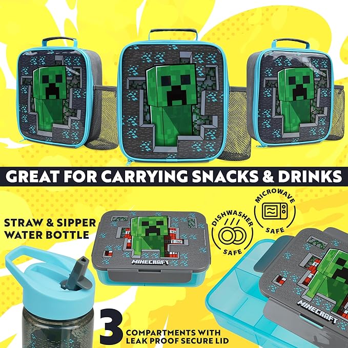 Get Trend Minecraft Lunch Bag, Lunch Box, Water Bottle for Kids 3 Piece Set Bento Box, Insulated Snack Container, Creeper Gifts for Kids (Multi Minecraft)