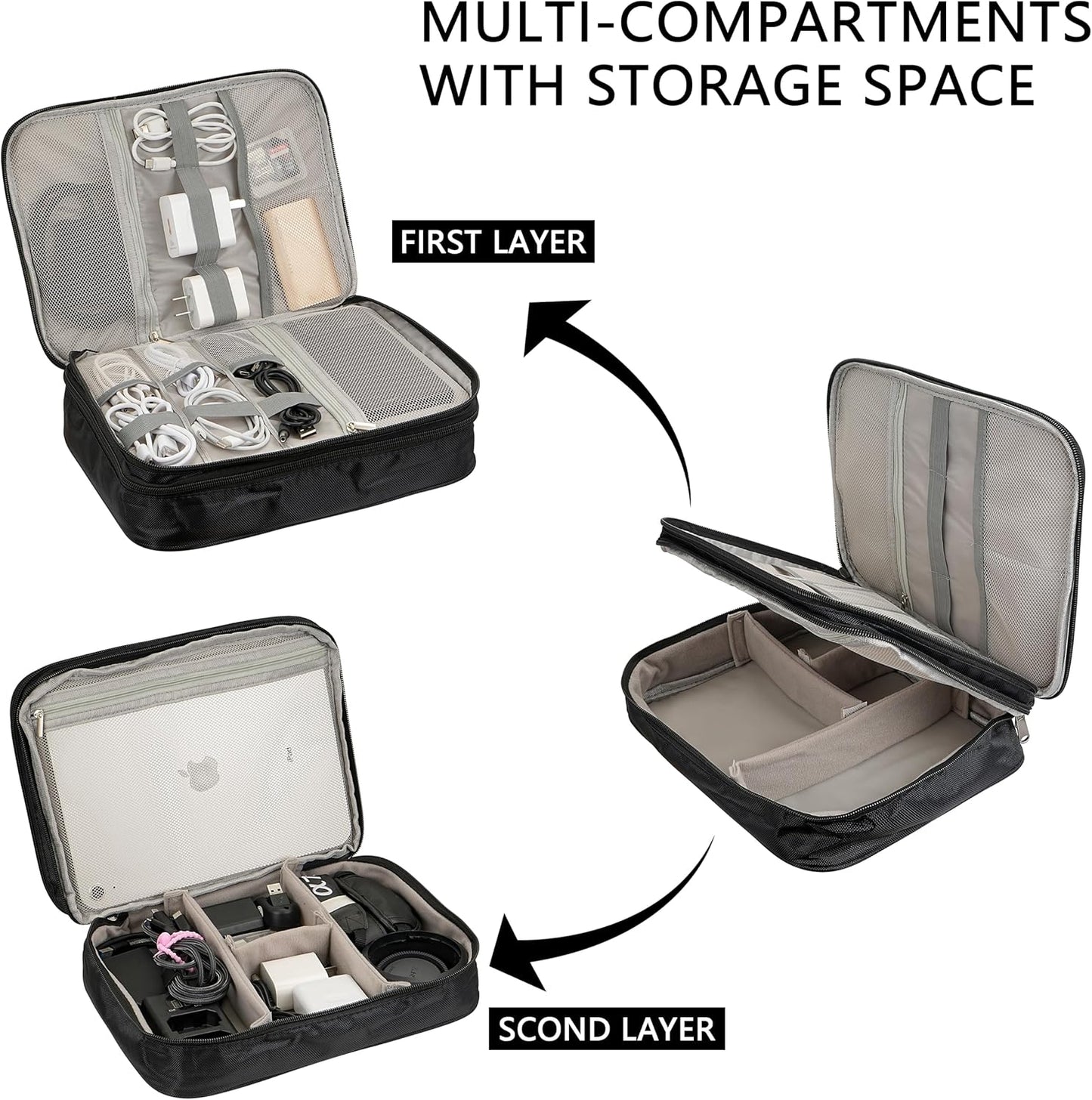 Electronics Accessories Organizer Bag, Waterproof Double LayerTravel Cable Organizer Case for Cords, Charger, Power Bank,Hard Drive, Mouse -Shockproof Tech Storage Pouch (Classic-two layers-Black)