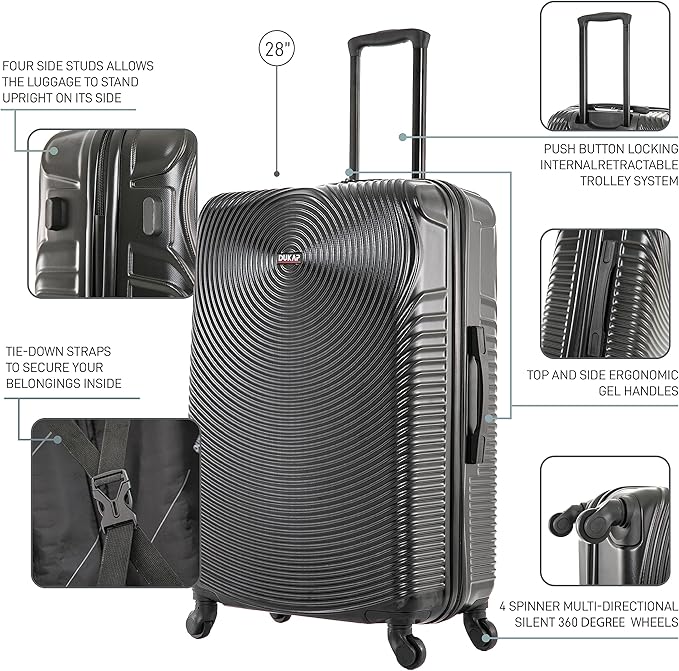 DUKAP INCEPTION Luggage with Spinner Wheels | Durable Lightweight Hardshell Suitcase,Travel Sets with Handle and Trolley | (20in, 24in, 28in) 3 Piece Luggage Set | Black