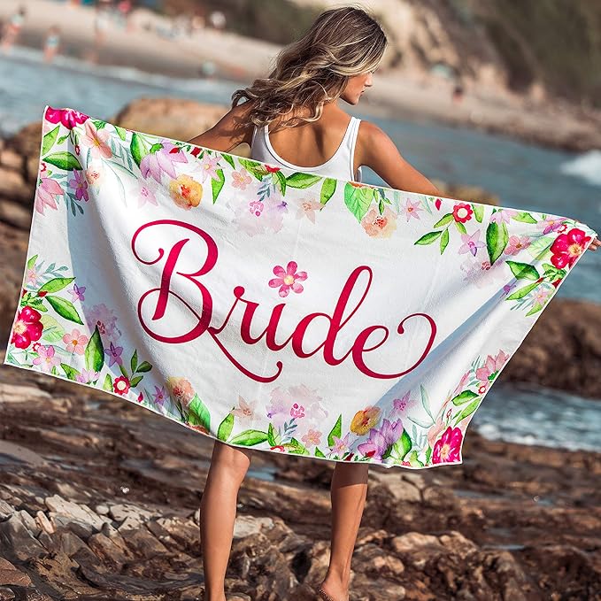 Bride Beach Towel - Large Travel Friendly Honeymoon Towel - Great for Bachelorette Pool Party and Beach Wedding Gift - 60"x30"