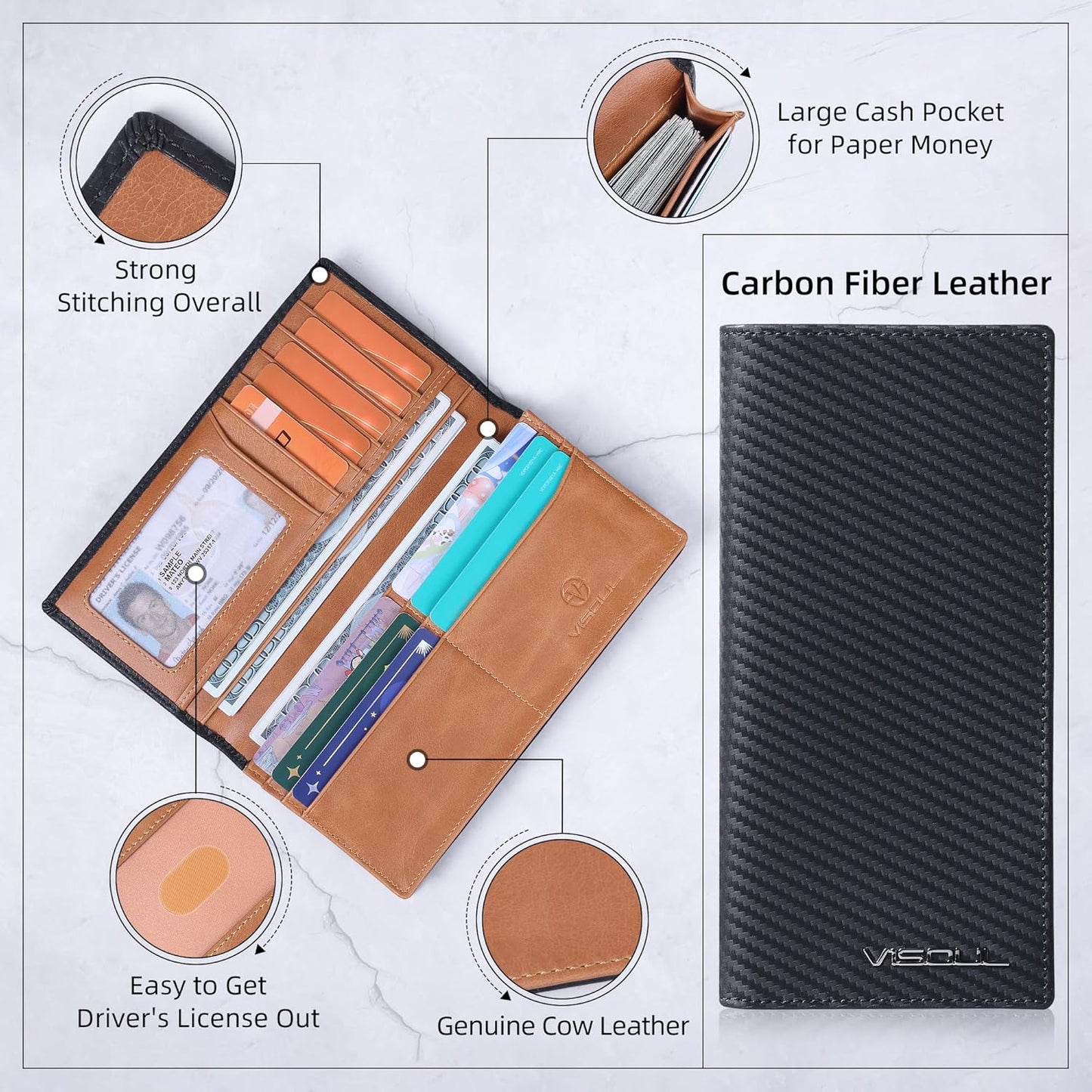 VISOUL Mens Large Long Leather Checkbook Bifold Wallet with RFID Blocking, Carbon Fiber Leather Tall Billfold Secretary Wallets for men (Black+Tan)