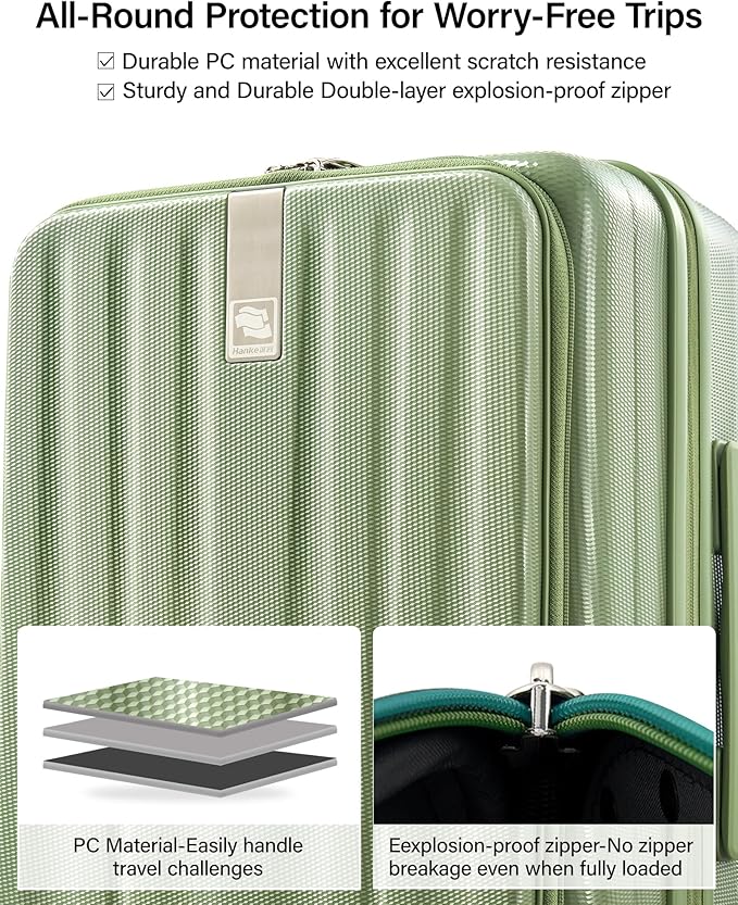 Hanke 20 Inch Expandable Carry On Luggage Airline Approved Top Opening Hard Shell Suitcases with Wheels Lightweight Travel Luggage Carry On Suitcase for Woman Men-Bamboo Green