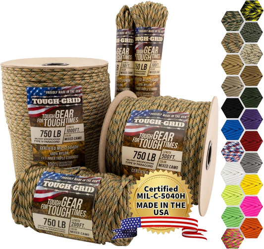 TOUGH-GRID 750 Paracord Rope Nylon Parachute Cord, Made in USA Survival Kit, Outdoor Adventures, Camping, Tactical Gear & Emergency Supplies, Military Type IV Mil-Spec
