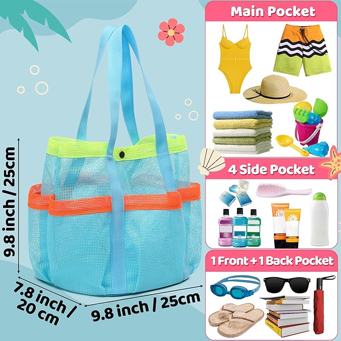 Mesh Beach Bag, Foldable Waterproof Sandproof Beach Storage Tote with 6 Pockets, Swim Tropical Vacation Pool Essential
