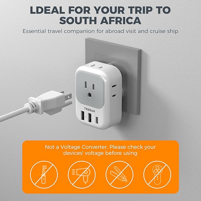 South Africa Plug Adapter 2 Pack, TESSAN Type M Power Adapter with 4 AC Outlets 3 USB Ports(1 USB C), Travel Adaptor US to Botswana Namibia Nepal Bhutan