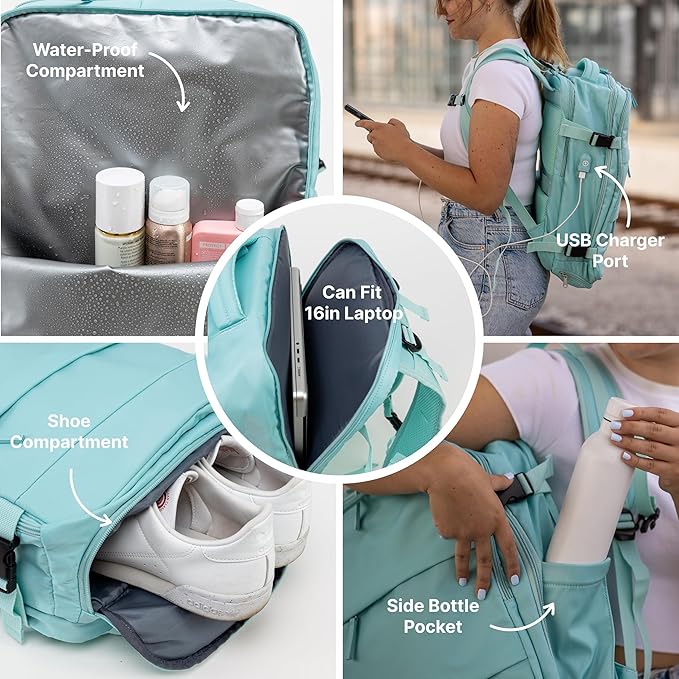 (Not Made In China) Travel Backpack For Men and Women, Airline Approved Carry On Bag w/Shoe Compartment, Holds 15.6" Laptop, USB Charging Port (Columbus, Mint, 2 Pack)