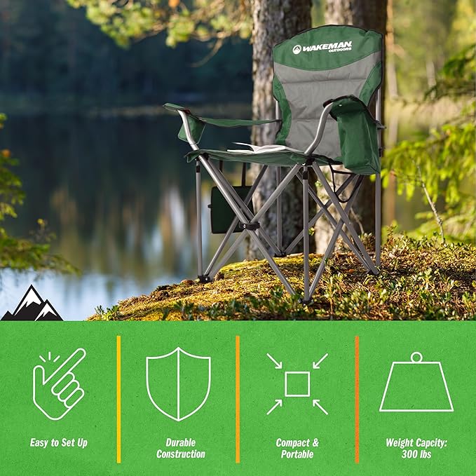 Oversized Camping Chair 300lbs - Heavy Duty Folding Chair with Cooler Pouch and Carry Bag for Camp Sites, Tailgates, or Beach by Wakeman (Green)