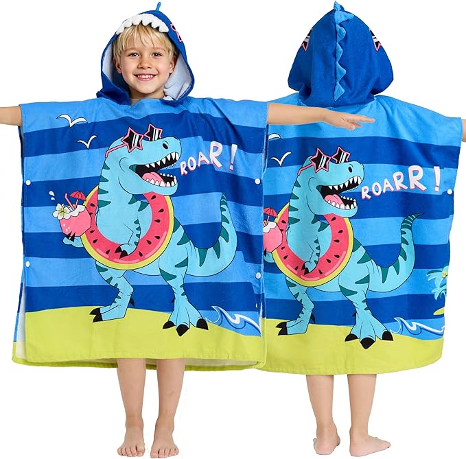 Joiedomi Kids Beach Towels with Hood for Boys Blue Dinosaur Hooded Toddler Bath Towel Quick Dry Soft Microfiber 30"x30"