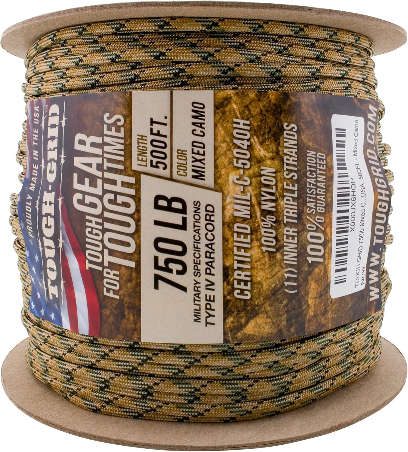 TOUGH-GRID 750 Paracord Rope Nylon Parachute Cord, Made in USA Survival Kit, Outdoor Adventures, Camping, Tactical Gear & Emergency Supplies, Military Type IV Mil-Spec