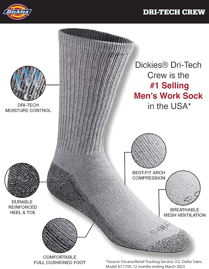Dickies Men's Dri-Tech Original Moisture Control Crew Socks, Available in M-XXL (6, 12, 18 Pairs)