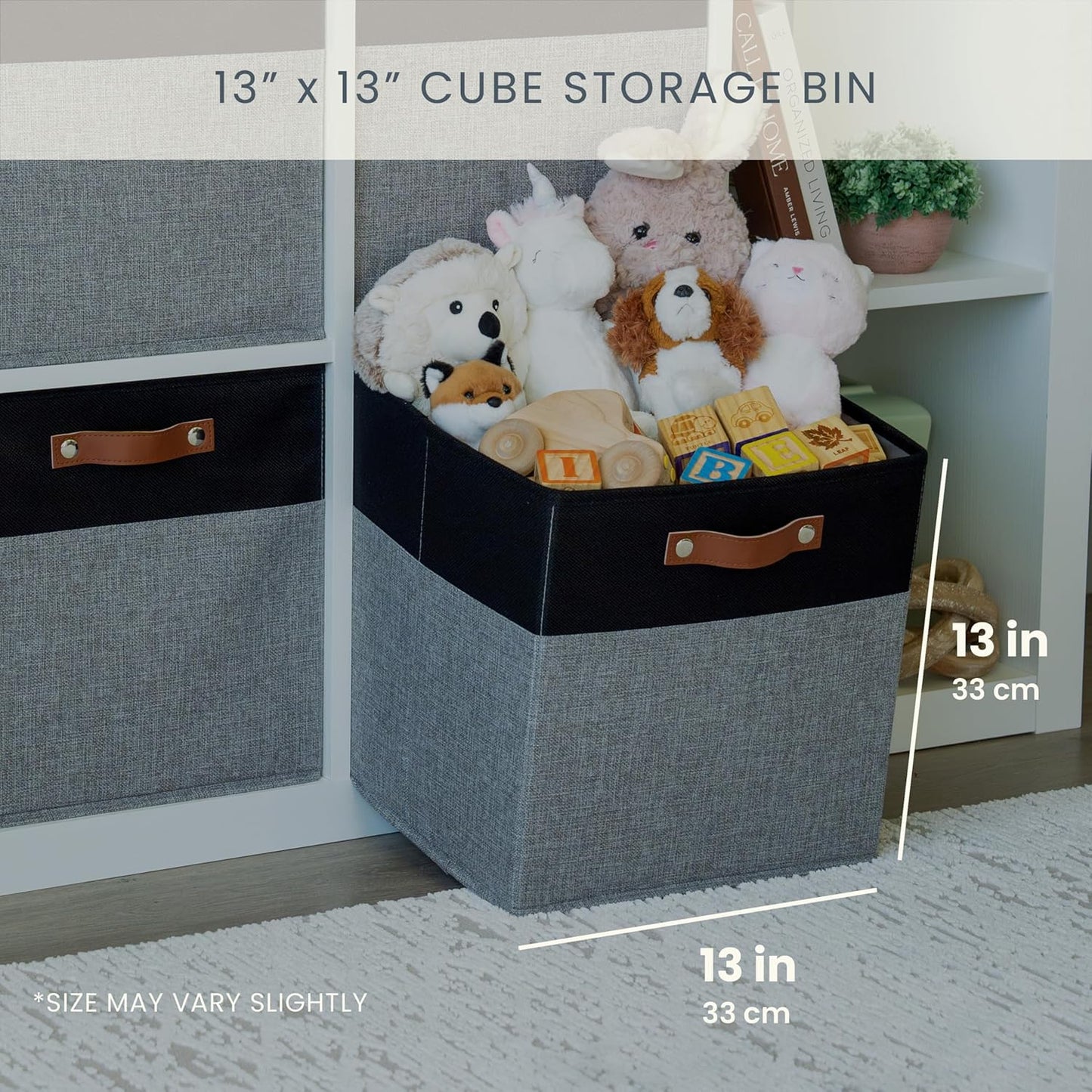 OrganiHaus 13x13 Cube Fabric Storage Bins Set of 4, Fabric Storage Cubes w/ Vegan Handles, 13 inch Collapsible Bins for Clothes & Toy Organizer, Cubbies Organizer, 13x13 Basket for Decor - Grey/Black