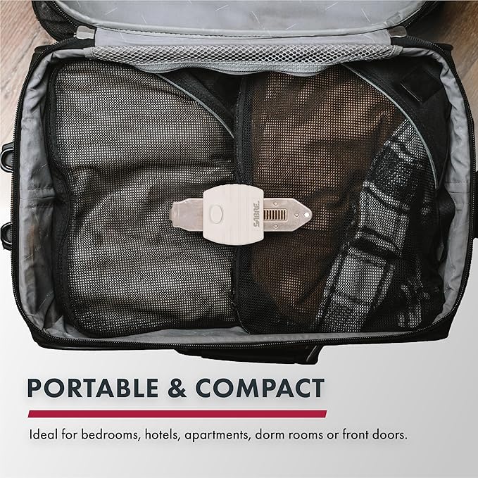 SABRE Portable Door Lock, Durable Metal Construction, Lightweight and Compact, Quick No-Tool Installation, Fits Most Inward-Swinging Hinged Doors, Requires 1/8 Inch Gap, For Houses, Apartments, Condos