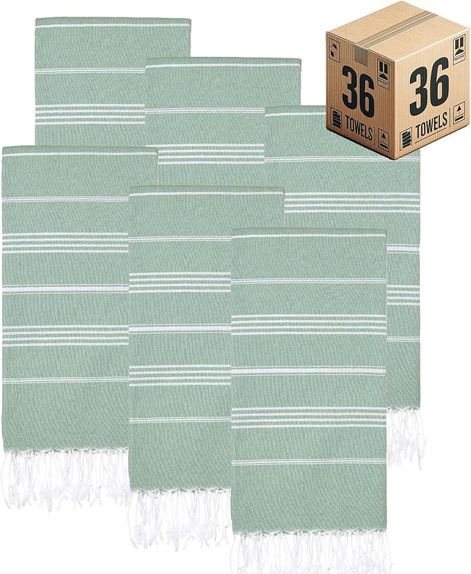 Turkish Beach Towels, Bulk Case of 36 | Oversized, Quick Dry, Sand Free | 100% Cotton, Large 38x71 Towels for Beach, Pool, Travel | Ultra-Soft, Compact, Absorbent | Light Green