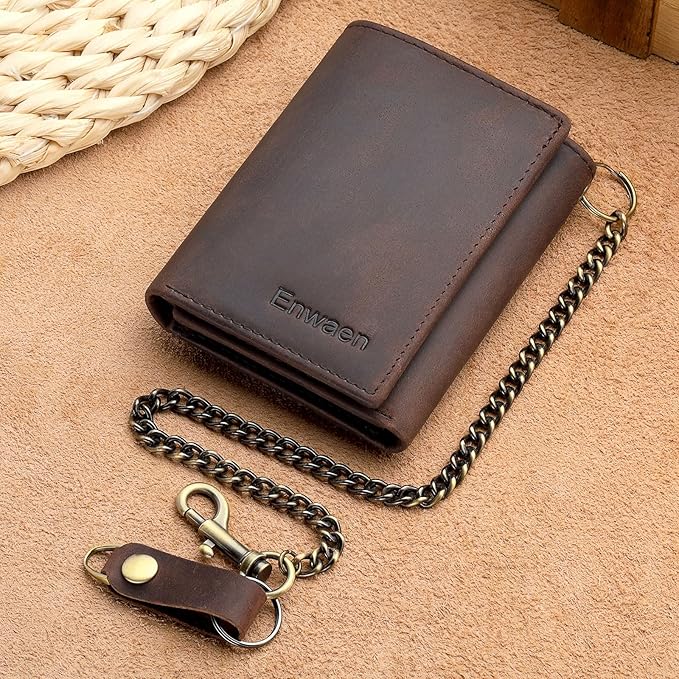 Trifold Chain Wallets for Men, Genuine Leather Wallet RFID Blocking Anti-Theft Chain for Biker, Motorcycle