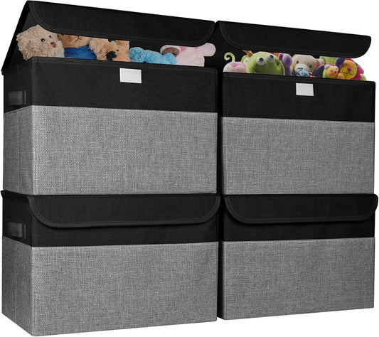 Large 22 Quart Linen Fabric Foldable Storage Bin Cube Organizer Basket with Flip-Top Lid & Handles, Clothes Blanket Box for Home, Office, Closet, Black & Gray, 4 Pack 14.6 x 9.5 x 9.5