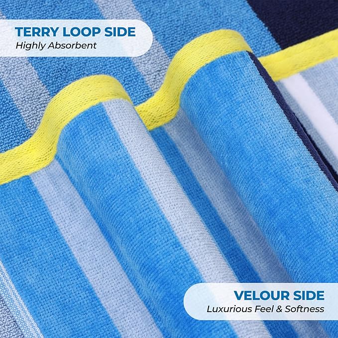 Superior Cotton Beach Towel, Absorbent Oversized Towel for Swimming Pool, Camping, Bathroom, Shower, Large, Quick Drying, Adults, Kids, Colorful, Mira Striped Collection, 68" x 34", Blue-Navy
