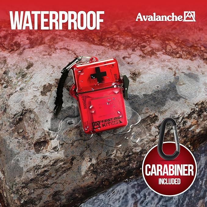 Avalanche Mini First Aid Kit, 30 Pcs Emergency Supplies Kit in Waterproof Case for Home, Car, Travel, Sports or Camping, First Aid Kit in Hard Case & Carabiner, Red