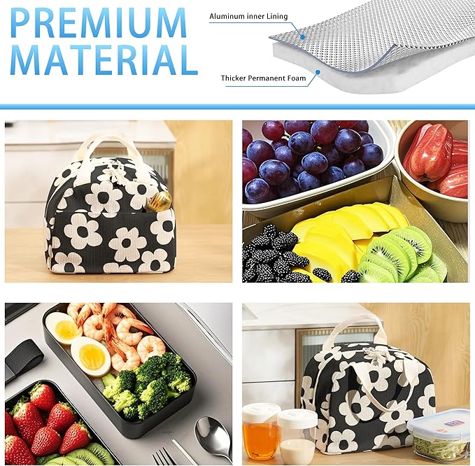 Insulated Lunch Box for Women and Men,Corduroy Lunch Bags for Work,Leakproof Adults Cooler Tote Bag for Offices,Picnic,Travel,Outdoor (flowers)