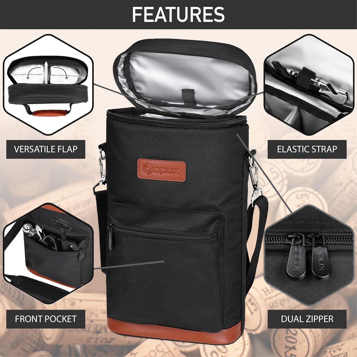 opux Wine Bag 2 Bottle Wine Tote Carrier, Insulated Wine Cooler Bag for Travel Picnic, Leakproof Portable Bottle Padded Case, Wine Gifts For Women Men Wine Lovers Christmas, Black