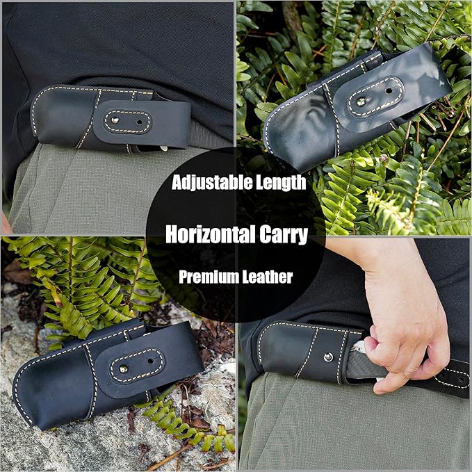 Topstache Leather Knife Sheath for Belt - Horizontal Carry Knife Holster - EDC Belt Organizer - Leather Multitool Sheath Pouch with Two Snap Closure for Folding Knife, Black