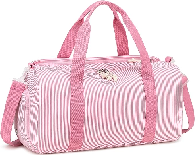 Gym Bag Sports Duffle Bag with Wet Pocket Weekender Overnight Bags with Shoe Compartment for Girls Kids Women Dance Workout Travel Bags (Pink Stripe)