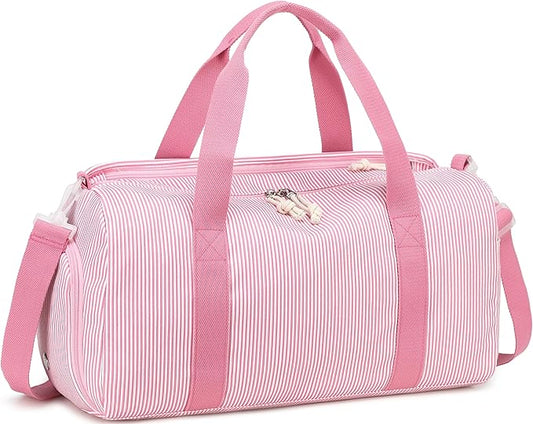 Gym Bag Sports Duffle Bag with Wet Pocket Weekender Overnight Bags with Shoe Compartment for Girls Kids Women Dance Workout Travel Bags (Pink Stripe)
