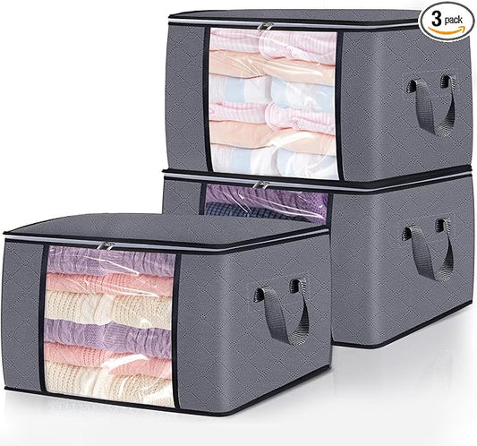 3 Pack Clothes Storage Bags, 90L Large Blanket Storage Bag Comforter Storage Bin with Reinforced Handle and Lid Foldable Closet Organizer and Storage Containers for Bedding Pillows Sheets and Duvet