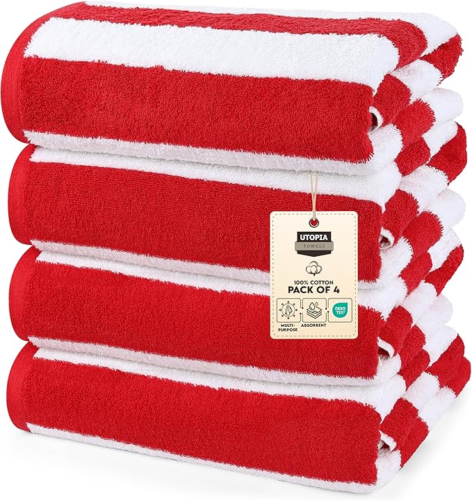 Utopia Towels 4 Pack Cabana Stripe Beach Towel, 30 by 60 Inches, Oversized 100% Ring Spun Cotton Pool Towels, Highly Absorbent Quick Dry Bath Towels for Beach, and Swim, Red