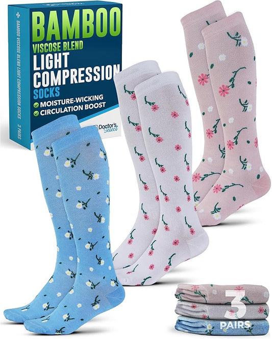 Doctor's Select Bamboo Viscose Light Compression Socks for Women & Men - 3 Pairs, 8-15 mmHg Compression Socks, Knee High