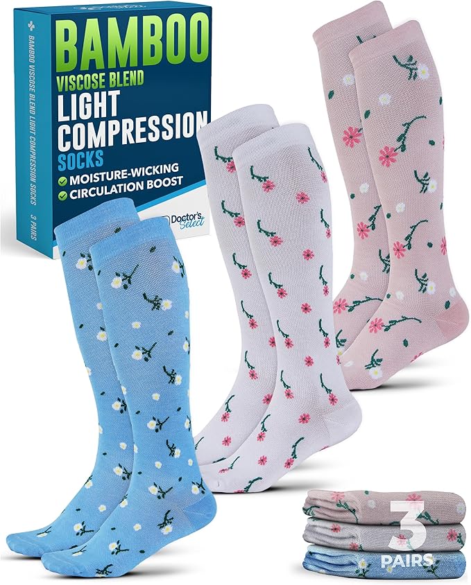 Doctor's Select Bamboo Viscose Light Compression Socks for Women & Men - 3 Pairs, 8-15 mmHg Compression Socks, Knee High