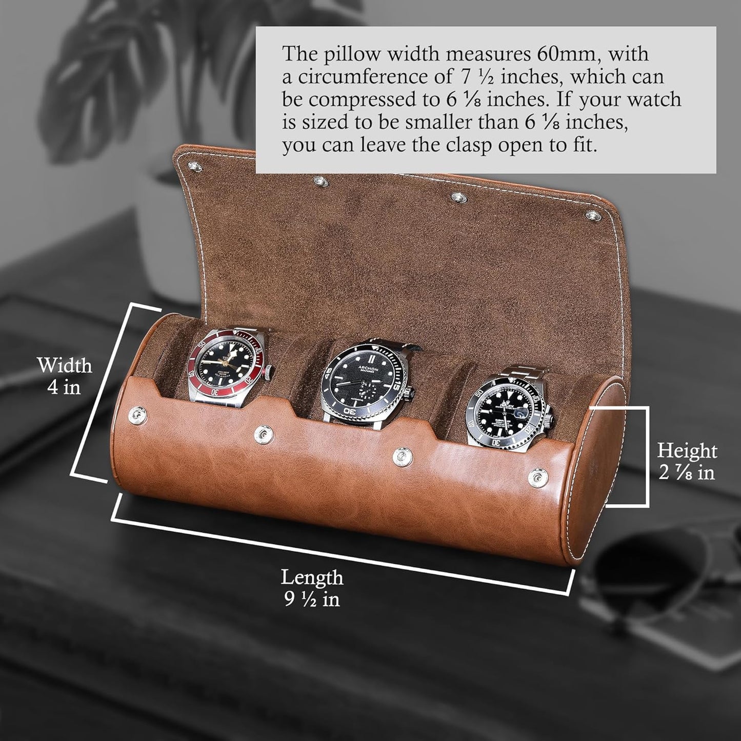 ROTHWELL Watch Roll Travel Case for 3 Watches | Tough Portable Protection, Fits All Wrist Watch & Smart Watches Up to 50mm (Tan/Brown)