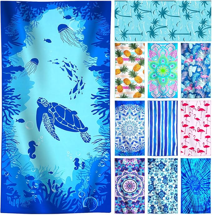 Lightweight Thin Microfiber Beach Towel Oversized Quick Dry Compact Sandproof Clearance Towels Sand Free Camping Swimming Pool Easy Pack Travel Accessories Essentials Women Adults Blue Turtle